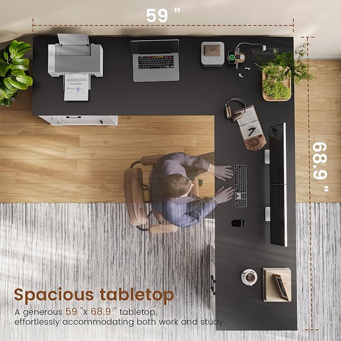 Itaar Farmhouse Executive L Shaped Desk, Home Office Desk with File Drawer and Power Outlet, Computer Corner Desk with Drawers and Storage Cabinet, Workstation for Office Home, White