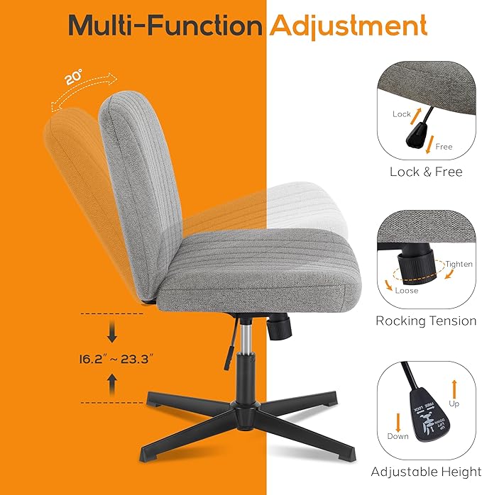 DUMOS Criss Cross Chair Legged Office Wide Comfy Desk Seat, No Wheels Armless Computer Task Seating, Swivel Vanity Home Height Adjustable