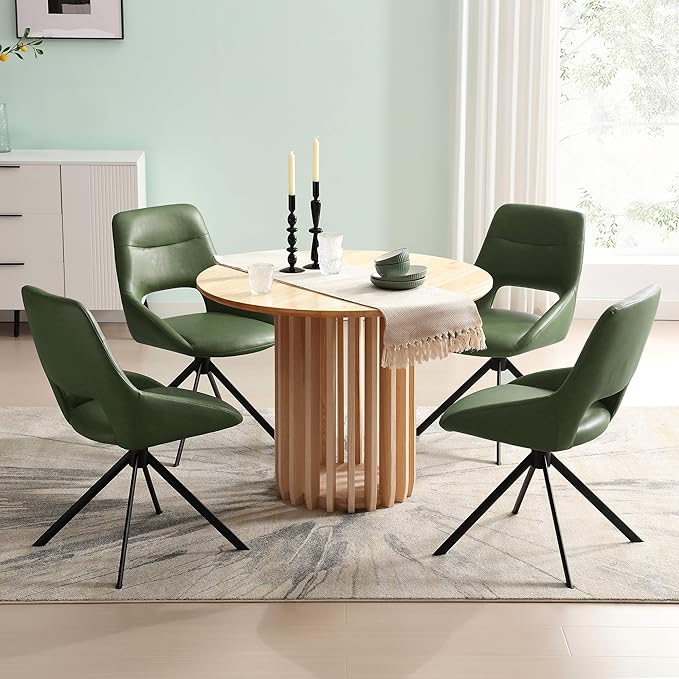 Mid Century Modern Desk Chair No Wheels Set of 1, Faux Leather Swivel Dining Chair with Metal Legs, Swivel Accent Chair Armchair for Small Spaces, Home Office, Living Room, Bedroom, Green