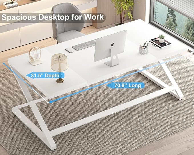 IBF Long White Computer Desk, Modern Simple Large Home Office Desk, Wood Metal Work Study Writing Table for 2 Monitors, Double Pc Gaming Executive Workstation in Bedroom Living Room, White Oak,70 in