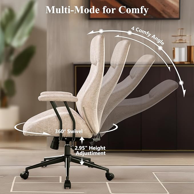 Mid Century Modren Office Chair - Fuax Leather Suede Brown Executive Chairs Ergonomic Mid Back with Lumbar Support, Swivel Computer Desk Task Chair with Wheels for Home Office (Beige, Hign Back)