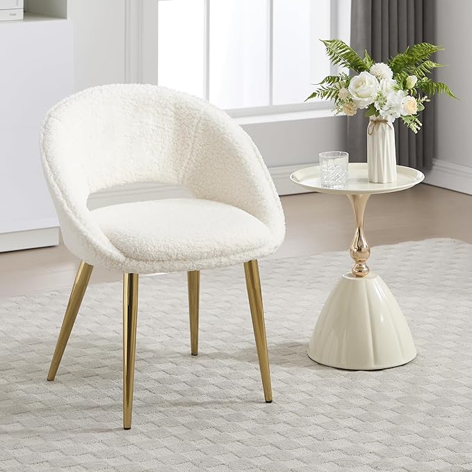 KCC Fluffy Desk Chair Set of 2, Faux Fur Accent Chair, Comfy Modern Leisure Armchair No Wheel, Upholstered Elegant Fuzzy Chair with Metal Legs for Teens Women Girls, Home Vanity Makeup Office Chair