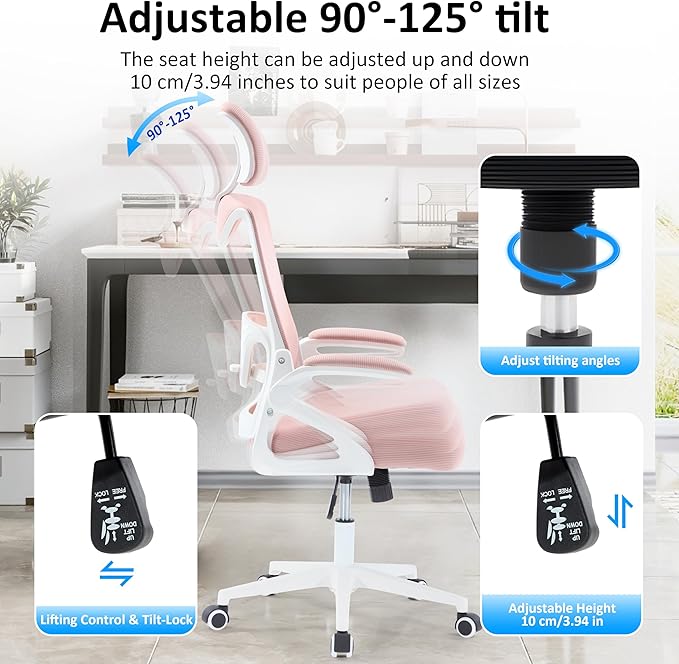 Fizzin Ergonomic Office Chair,Ergonomic Desk Chair with Headrest Mesh Computer Chair with High Back Adjustable Lumbar Support, Rolling Swivel Chairs with Wheel Armrests for Home Office(Pink)