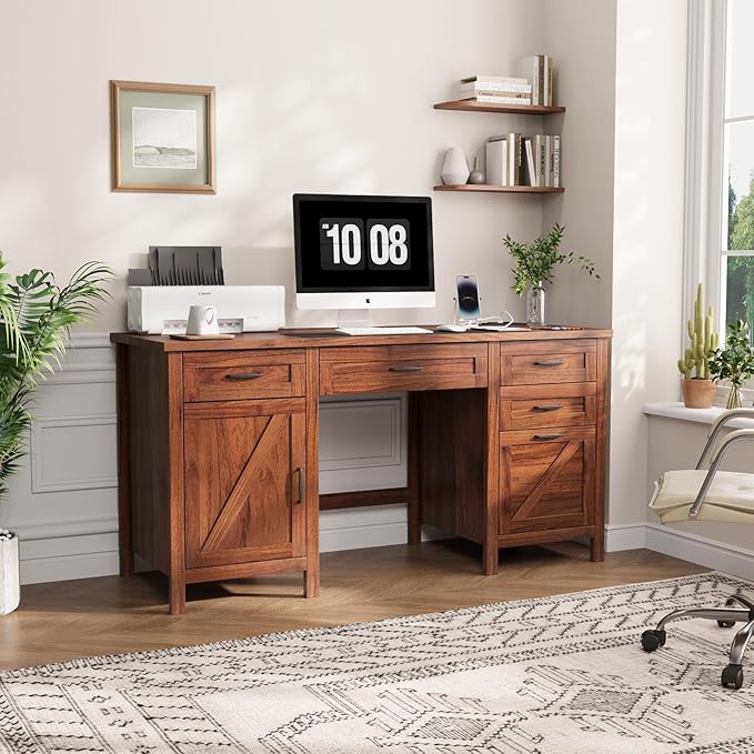 VOWNER Executive Desk with File Drawer, Farmhouse Office Desk with Charging Station, Computer Desk Workstation for Home Office, Walnut