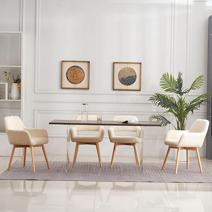 Mid Century Modern Dining Chairs Set of 6 & 4 & 2 Comfy Accent Chair Upholstered Kitchen Dining Living Room Chairs for Bedrooms Waiting Room Home Arm Desk Chair No Wheels (Wool Light Khaki, 6)