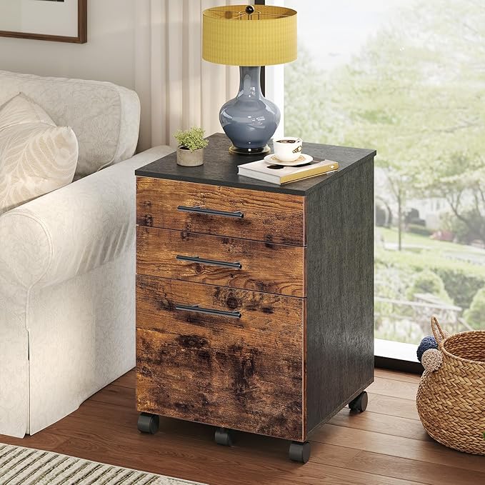 HOOBRO 3-Drawer File Cabinet, Wooden Under Desk Filing Cabinet, fits A4/Letter Size for Home Office, Small Rolling Storage Drawer Chest, Printer Stand with Drawers, Rustic Brown and Black BF02WJ01G1