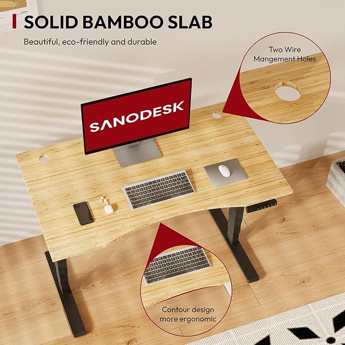 Height Adjustable Standing Desk 3 Stages Dual Motor Stand Up 48” Whole-Piece Bamboo Desktop Computer Desk, Electric Sit-Stand for Home Office(Black Frame/ 48” x 24” Curved Natural Bamboo Top)