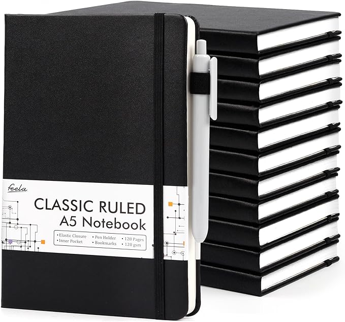 12 Pack Notebooks Journals Bulk with 12 Black Pens, Feela A5 Hardcover Notebook Classic Ruled Journal Set with Pen Holder for School Business Work Travel Writing, 120 GSM, 5.1”x8.3”, Black