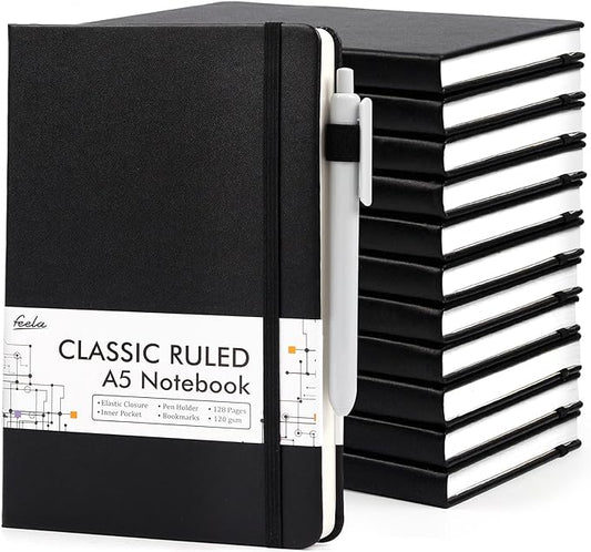 12 Pack Notebooks Journals Bulk with 12 Black Pens, Feela A5 Hardcover Notebook Classic Ruled Journal Set with Pen Holder for School Business Work Travel Writing, 120 GSM, 5.1”x8.3”, Black