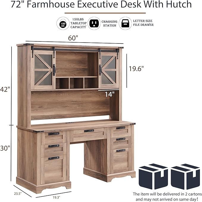 RedLemon 60" Farmhouse Desk with Hutch, Wood Home Office Executive Desk with Drawer, Charging Station, Keyboard Tray, File Drawer, Storage Cabinet, Rustic Writing Computer Desk (Natural Oak)