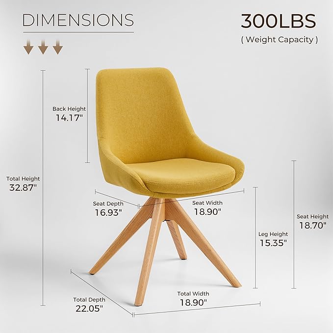 Art Leon Mid Century Modern Desk Chair No Wheels, Swivel Upholstered Armchair with Solid Wood Legs for Home Office, Fabric, Yellow