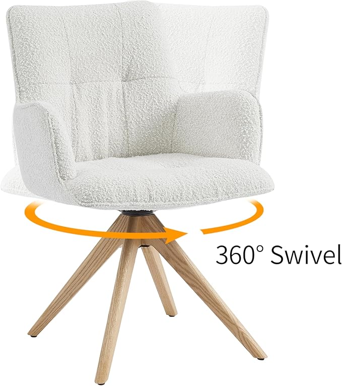 Art Leon Desk Chair No Wheels - Mid Century Modern Swivel Accent Chair, Boucle Fabric Upholstered Office Chair with Oak Wood Legs for Small Space Living Room Bedroom, Off White