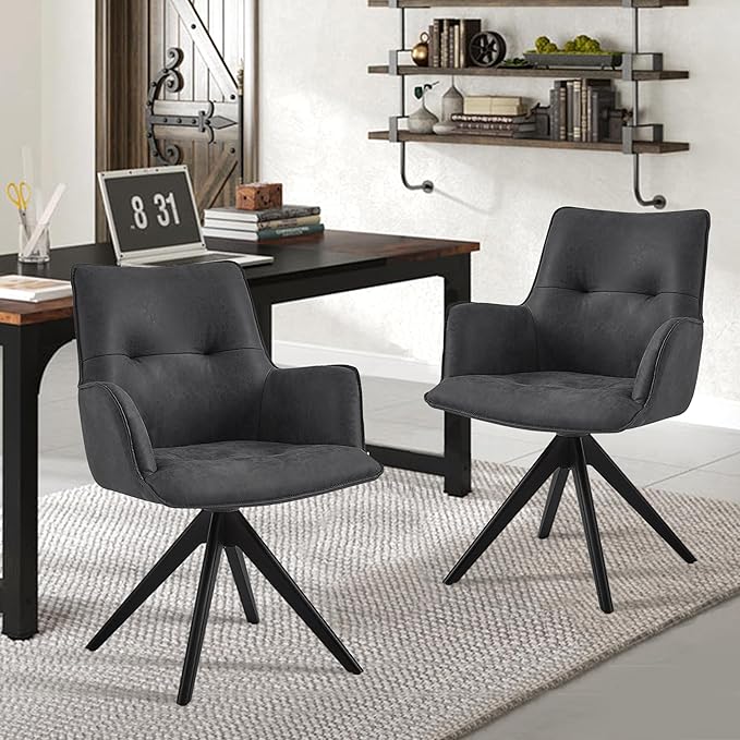 Art Leon Accent Chair Set of 2 - Mid Century Modern Desk Chair No Wheels, Faux Leather Upholstered Office Chair with Black Oak Wood Legs for Small Space Living Room Bedroom, Black