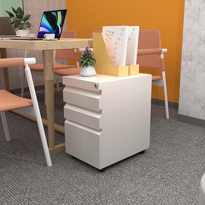 3 Drawer Metal Rolling File Cabinet with Lock, Under Desk Mobile Filing Storage Cabinet for Home Office School, Fully Assembled Except Wheels, White