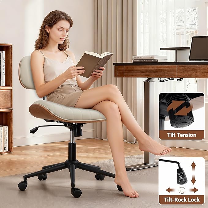 Home Office Chair with Wheels, Adjustable Height Desk Chair Leather Swivel Computer Chair, Armless Modern Walnut Chair for Office, Meeting Room, White