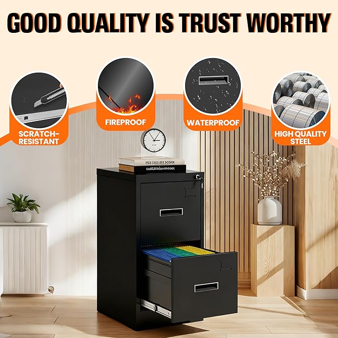 2-Drawer Locking Vertical File Cabinet, Metal Storage Cabinet for Office/Home – Secure Vertical Filing for Letter/Legal/A4/F4 Documents, Easy to Assemble Steel Cabinet