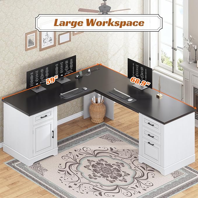 SEDETA Farmhouse 69" Executive L Shaped Desk, Home Office Desk with Drawers and Storage Cabinet & Power Outlet, Corner Computer Desk, White