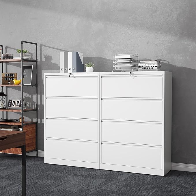 4 Drawer File Cabinet with Lock, Lateral Filing Cabinets,Metal Storage Filing Cabinets for Home Office, Heavy Duty File Cabinet for Letter/Legal/A4/F4 Size Amssebly Required, White