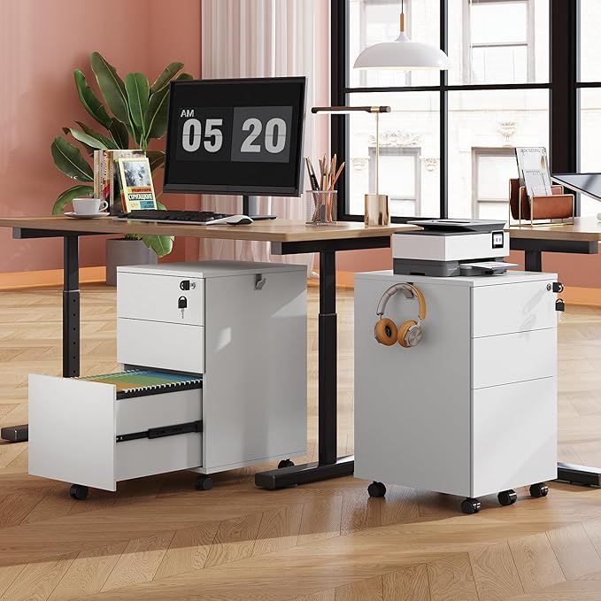 DEVAISE 3 Drawer Rolling File Cabinet with Lock, Wood Under Desk Filing Cabinet fits Letter/Legal/A4 Size for Home Office, White