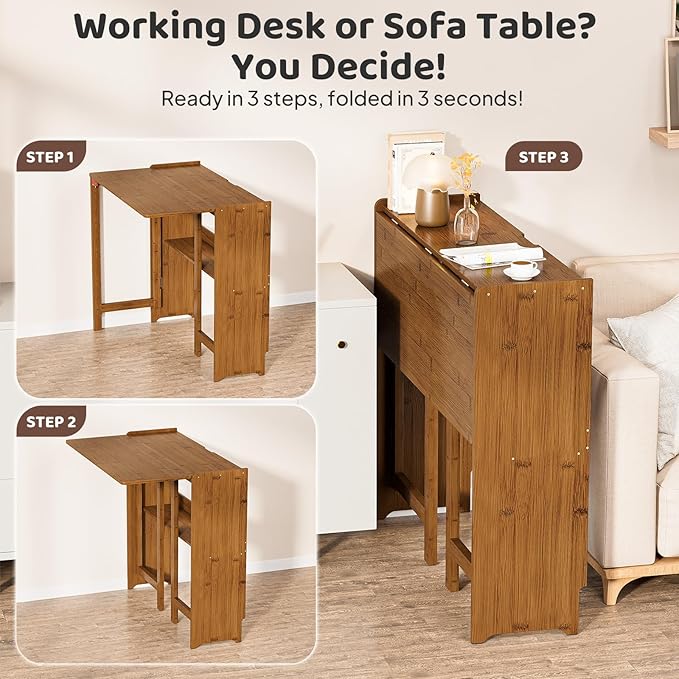 32.7" Bamboo Folding Desk, Space-Saving Foldable Computer Desk for Small Spaces, Portable Home Office Writing Desk for Bedroom, Study, or Apartment, Easy Assembly,Brown
