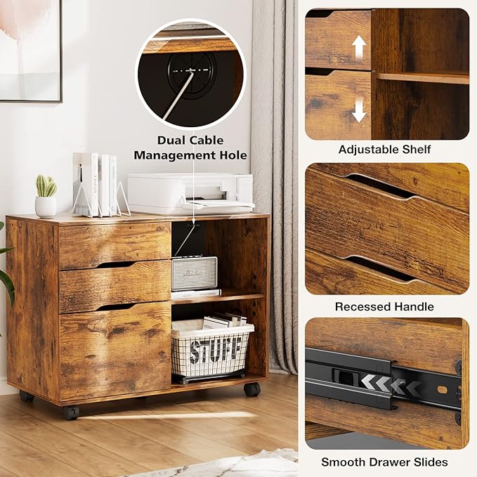 File Cabinet with 3 Drawers, Mobile Lateral Filing Cabinet with Open Storage Shelves for Home Office Under Desk Storage, Brown