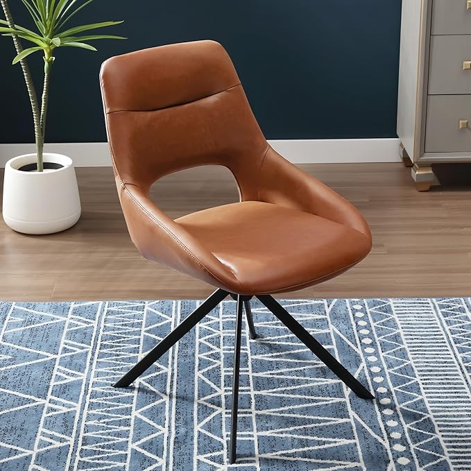 Mid Century Modern Desk Chair No Wheels Set of 1, Faux Leather Swivel Dining Chair with Metal Legs, Swivel Accent Chair Armchair for Small Spaces, Home Office, Living Room, Bedroom, Browm