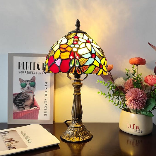 Small Tiffany Table Lamp 3-Way Tiffany Style Desk Lamp Stained Glass Antique Light Home Bedroom Bedside Lamp Retro Reading Decoration Lamps (Small Crushed Flowers Style)