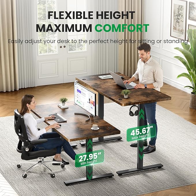 1 Inch Thick Tabletop Electric Standing Desk Adjustable - 60x28 Inch Sit Stand Desk, Double Beam Frame, 3 Memory Height Adjustment, Cable Management for Home Office