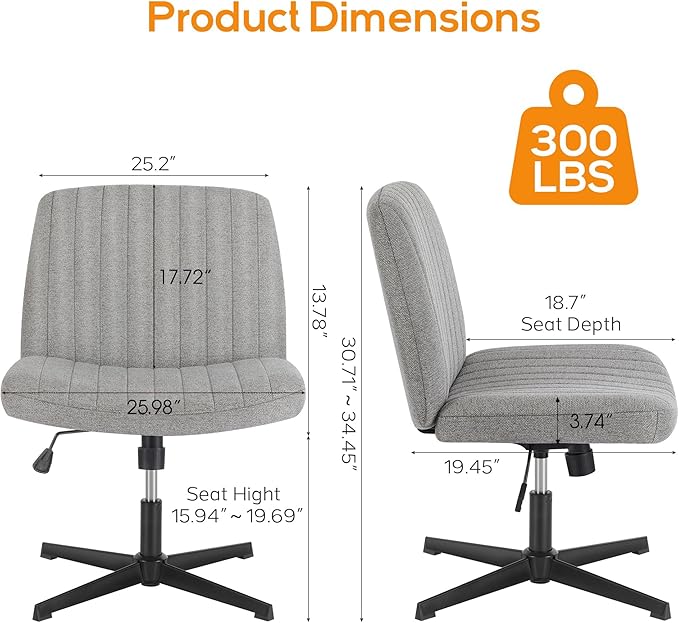 DUMOS Criss Cross Chair Legged Office Wide Comfy Desk Seat, No Wheels Armless Computer Task Seating, Swivel Vanity Home Height Adjustable