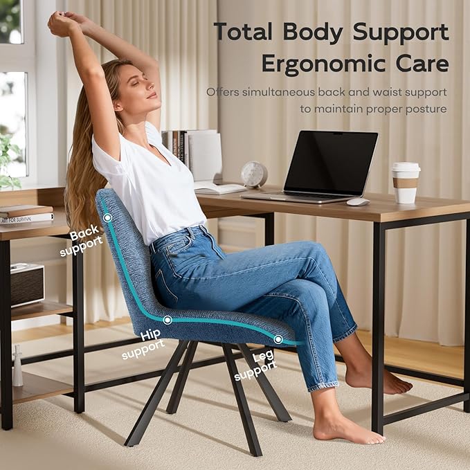 Mid Century Modern Armless Desk Chair No Wheels, Swivel Accent Chair, Velvet Upholstered Swivel Vanity Chair with Back and Metal Legs for Bedroom, Home Office, Ocean Blue