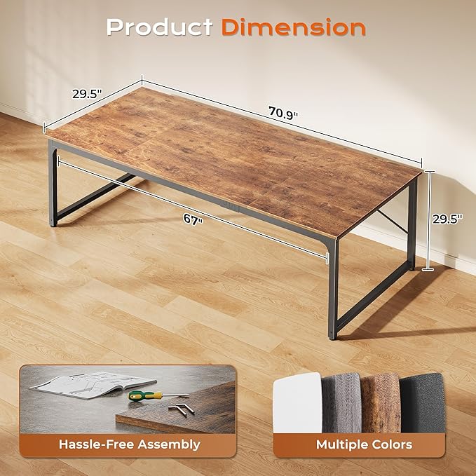 PRAISUN 70.8 X 29.5 Inch Computer Desk with Deeper Desktop, Gaming Office Writing Work Desk for Home Office, Study, Bedroom, Work from Home, Metal Frame, Rustic Brown