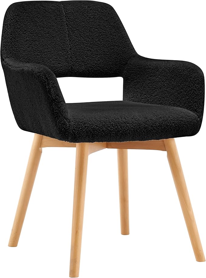 Desk Chair No Wheels Vanity Chair Comfy Accent Chair for Living Dining Room Bedroom Home Office Mid Century Modern Upholstered Armchair Sofa Chair (Wool Black, 1)