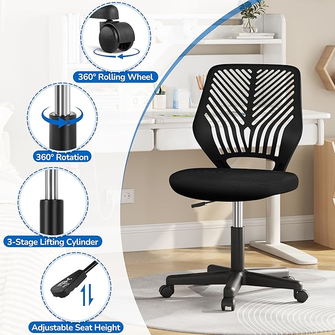 Yaheetech Students Cute Desk Chair Low-Back Armless Study Chair w/Lumbar Support Adjustable Swivel Chair in Home Bedroom School, Black