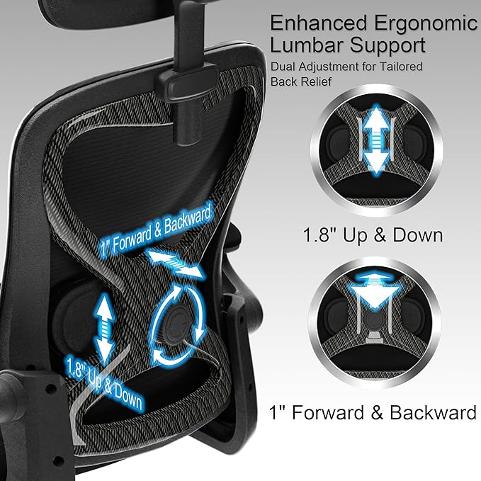 Office Chair for Back & Neck Pain Relief, Virgin Foam Seat, 2D Adjustable Lumbar & 3D Headrest, Flip-Up Armrests, Tilt & Rock for Relaxation, Black/Carbon Fiber
