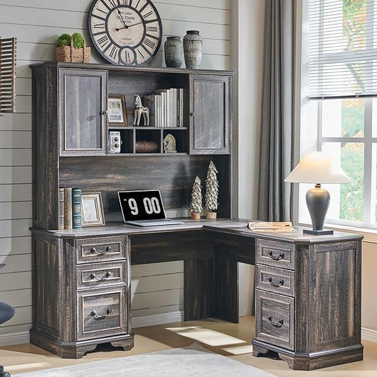 T4TREAM 59" Executive L Shaped Desk with Hutch,Victorian Wood Computer Desk, Featuring Charging Station,File Drawer, Storage Cabinet,for Home Office Work and Study (Dark Rustic Oak)