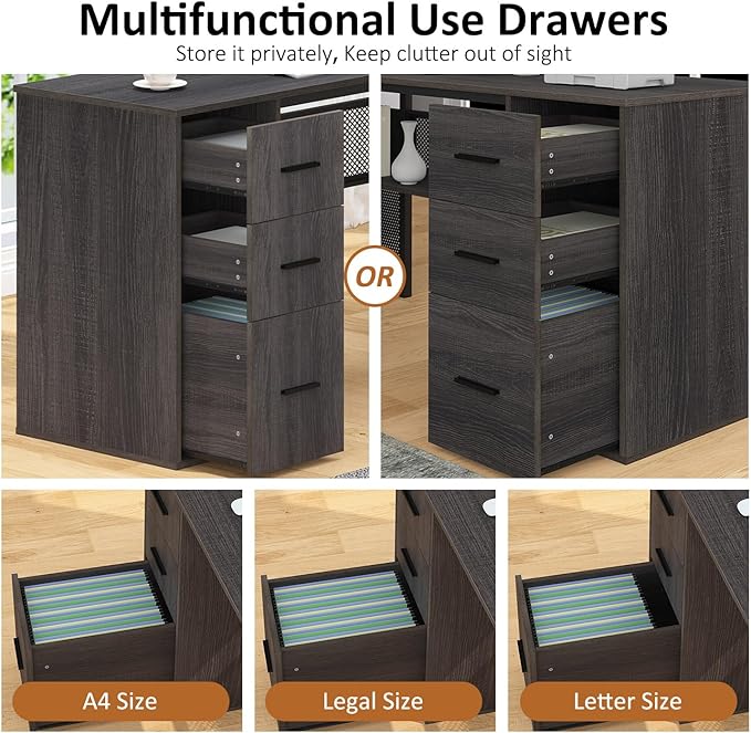 HSH L Shaped Corner Home Office Desk with Drawers, Large Computer Desk with Storage File Cabinet Shelves, Rustic Wood Metal Computer Table for Bedroom Executive Work Study Writing, Dark Gray, 59 Inch