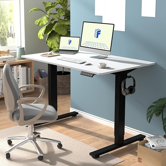 FLEXISPOT EN1 Whole-Piece Standing Desk 48 x 24 Inches Height Adjustable Electric Desk Sit Stand Desk Home Office Desks (Black Frame + White Table Top, 2 Packages)