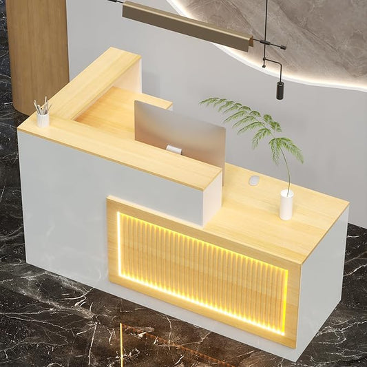 L-Shaped Reception Desk, Solid Wood Reception Desk with Counter, Check Out Stand with Lockable Drawer, Retail Checkout Counter for Office, Store, Beauty Salon (L-Shaped-Light Walnut -L, 71in)
