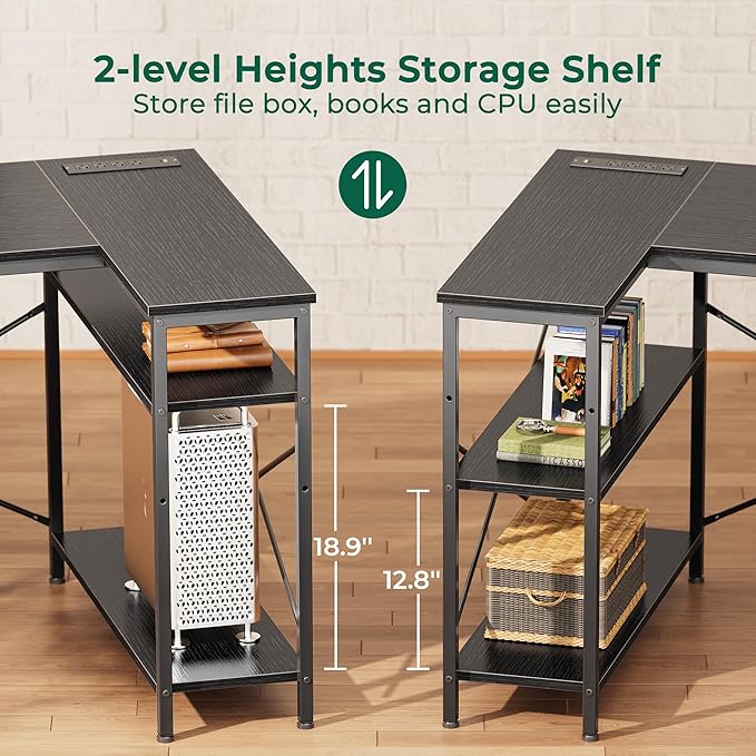 Huuger L Shaped Office Desk with Power Outlets, 47 Inch Computer Desk with 3 Drawers, Shelves, for Gaming, Corner Work, Home Office, Study, Black