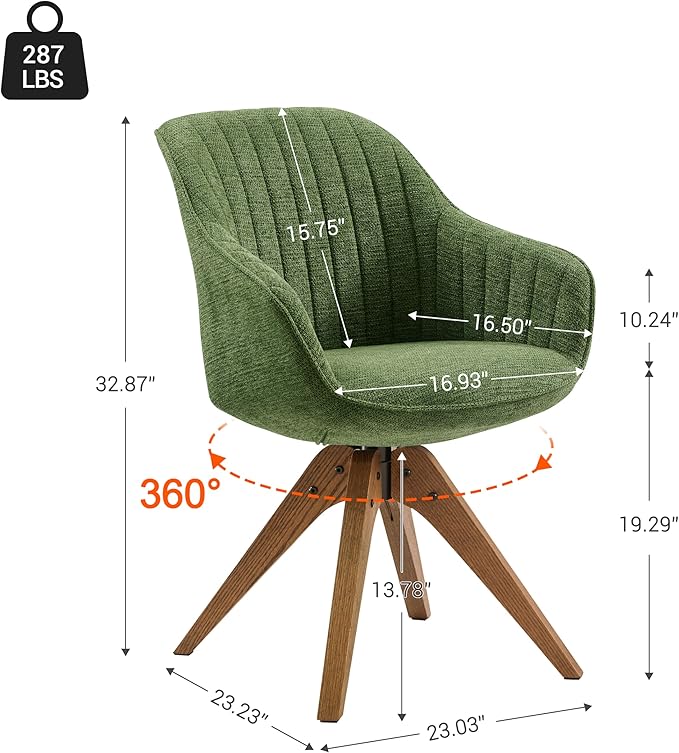 Zouron Mid Century Modern Accent Chair with Wooden Legs, Swivel Desk Chair No Wheels, Upholstered Side Armchair Vanity Chair for Small Space Home Office Living Room Bedroom, Green
