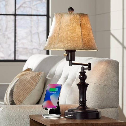 Regency Hill Corey Traditional Natural Cottage Swing Arm Desk Table Lamp with Hotel Style USB Charging Port 21.75" High Bronze Metal Faux Leather Bell Shade Living Room Bedroom House Bedside