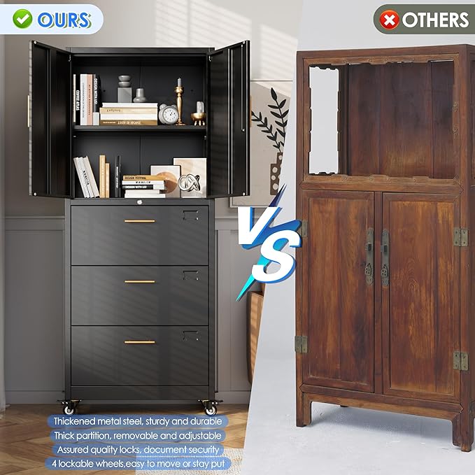 METAN Metal File Cabinet with 3 Drawers and 1 Shelves,Office Filing Cabinet on Wheels with Lock,Office Storage for Letter/Legal Size,Assembly Required,Black