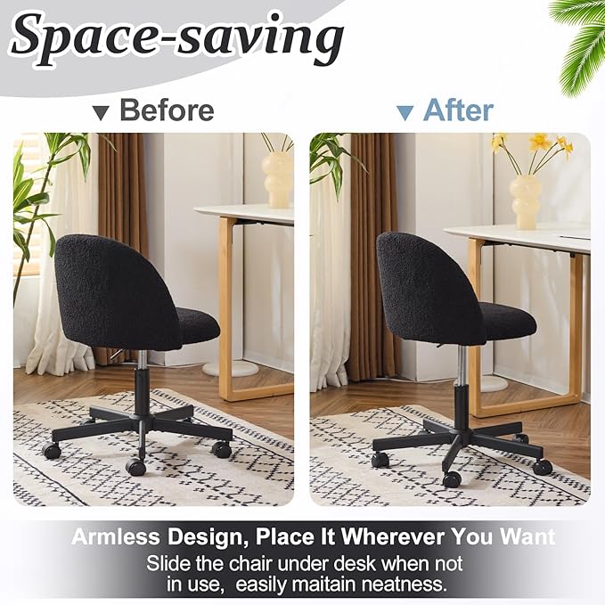 VINGLI Cute Candy Chair Armless Comfy Small Office Desk Vanity Chair with Wheels & Lumbar Support,Teddy Adjustable Rolling Swivel Computer Task Ch for Home Office,Bedroom,Black