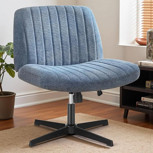DUMOS Criss Cross Legged Chair Wide Comfy Home Office Desk Seat, No Wheels Armless Computer Task Seating, Swivel Vanity Chair Height Adjustable for Makeup Bedroom, Fabric Blue