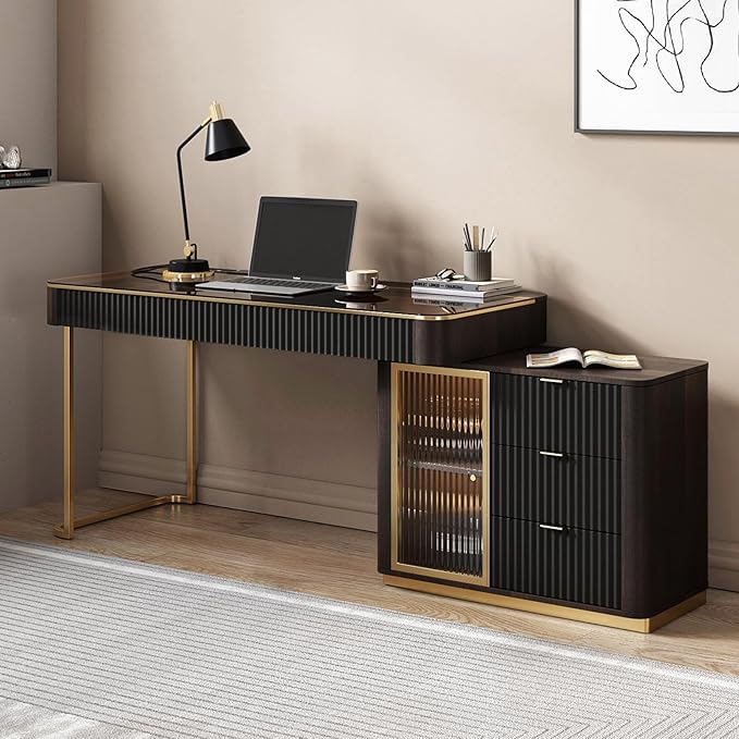 Lartis Office Desk, Very Easy to Assemble, Computer Desk, Home Telescopic Writing Desk, Modern Computer Desk with Retractable Cabinet Built-in LED Lights (Black Brown, 50 in)