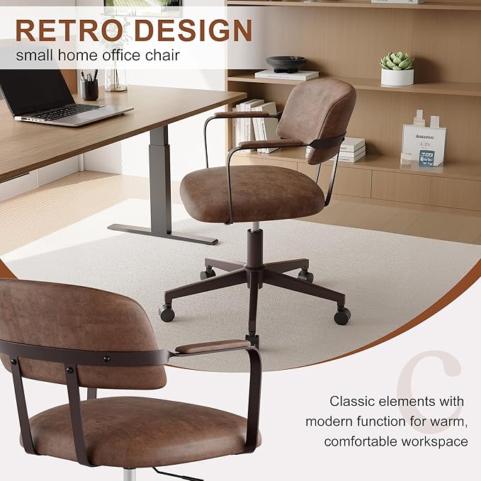 BFZ Mid Century Retro Home Office Desk Chair with Back, Faux Leather Adjustable Height Rolling Swivel Computer Task Armrests Chair for Home Office, Brown