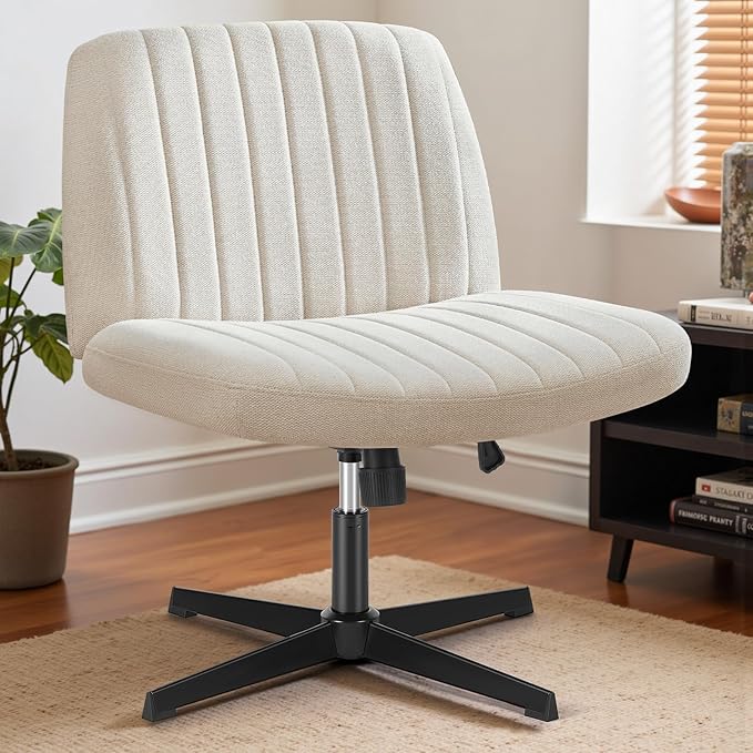 DUMOS Criss Cross Chair Legged Office Wide Comfy Desk Seat, No Wheels Armless Computer Task Seating, Swivel Comfy Vanity Fabric Modern Home Height Adjustable