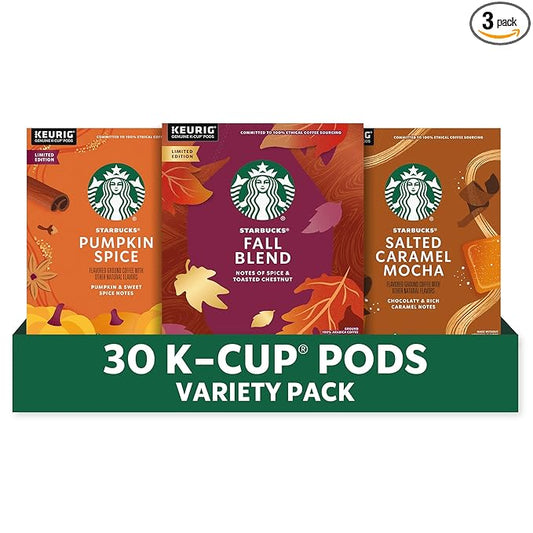 Starbucks K-Cup Coffee Pods Fall Bundle, Medium Roast and Naturally Flavored Coffee for Keurig Brewers, 100% Arabica, Limited Edition, 3 Boxes (30 Pods Total)