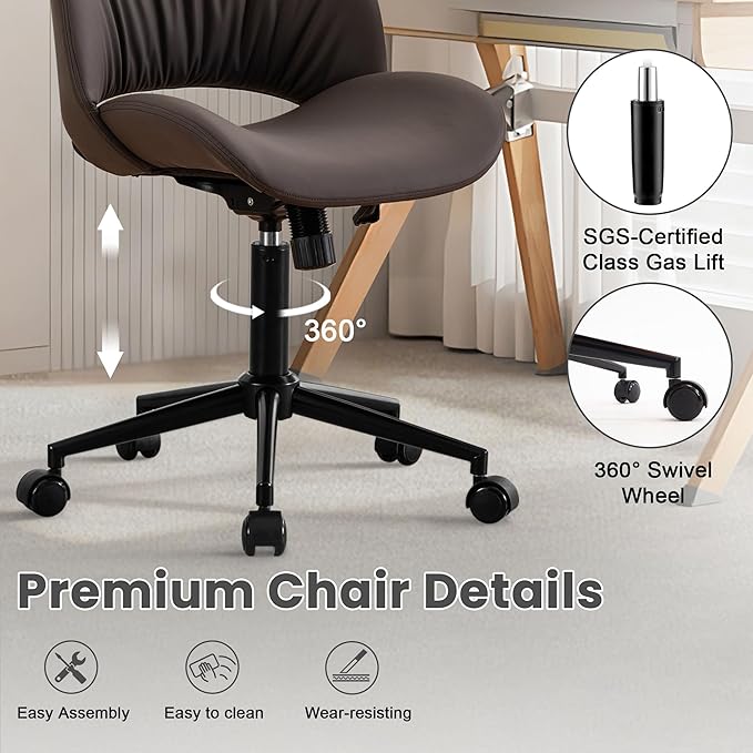 Rowill Armless Office Desk Chair, Ergonomic PU Leather Modern Task Chair with Back Adjustable Height, 360° Swivel Vanity Chairs with Wheels for Small Space, Home Office, Bedroom, Brown
