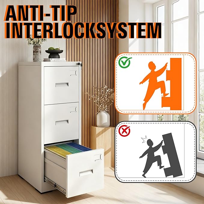 3-Drawer Locking Vertical File Cabinet, Metal Storage Cabinet for Office/Home – Secure Vertical Filing for Letter/Legal/A4/F4 Documents, Easy to Assemble Steel Cabinet, White